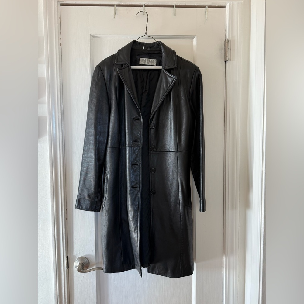 Vintage 100% leather Black Leather Long Coat, size small
